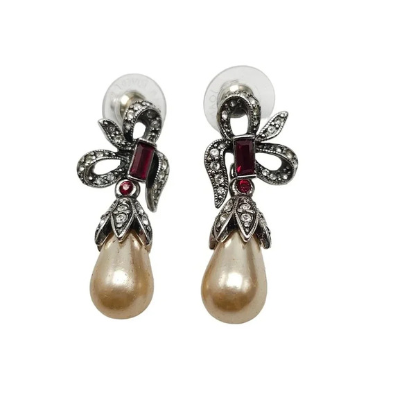 Vintage Joan Rivers Red Rhinestone Faux Pearl Silver Tone Ribbon Dangle Earrings - Picture 1 of 4